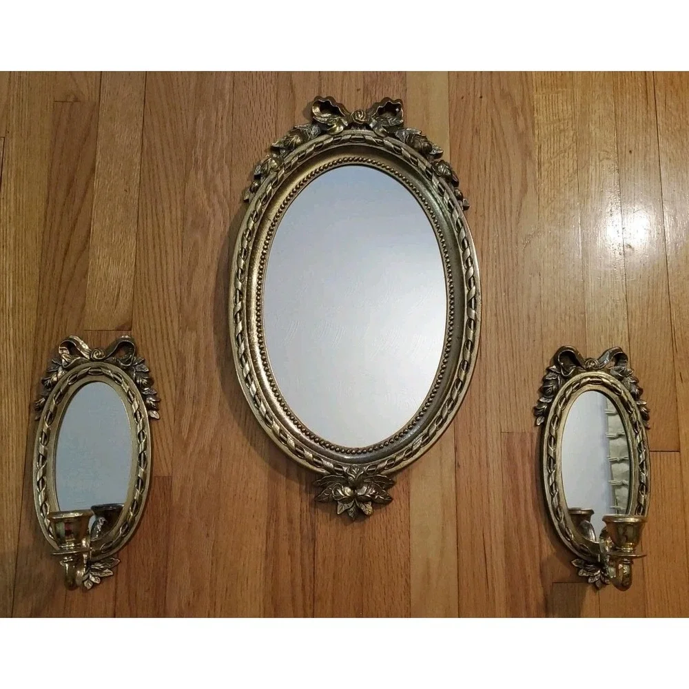 Vintage Gold Bow Roses Oval Mirror and Wall Sconce Set Hollywood Regency